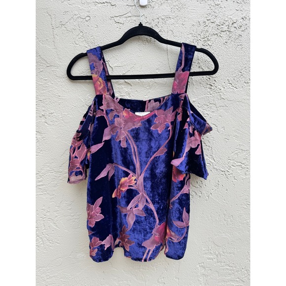 Floral Velvet Velour Rich Color Cold Shoulder Top Blouse Party Elegant - Picture 1 of 8